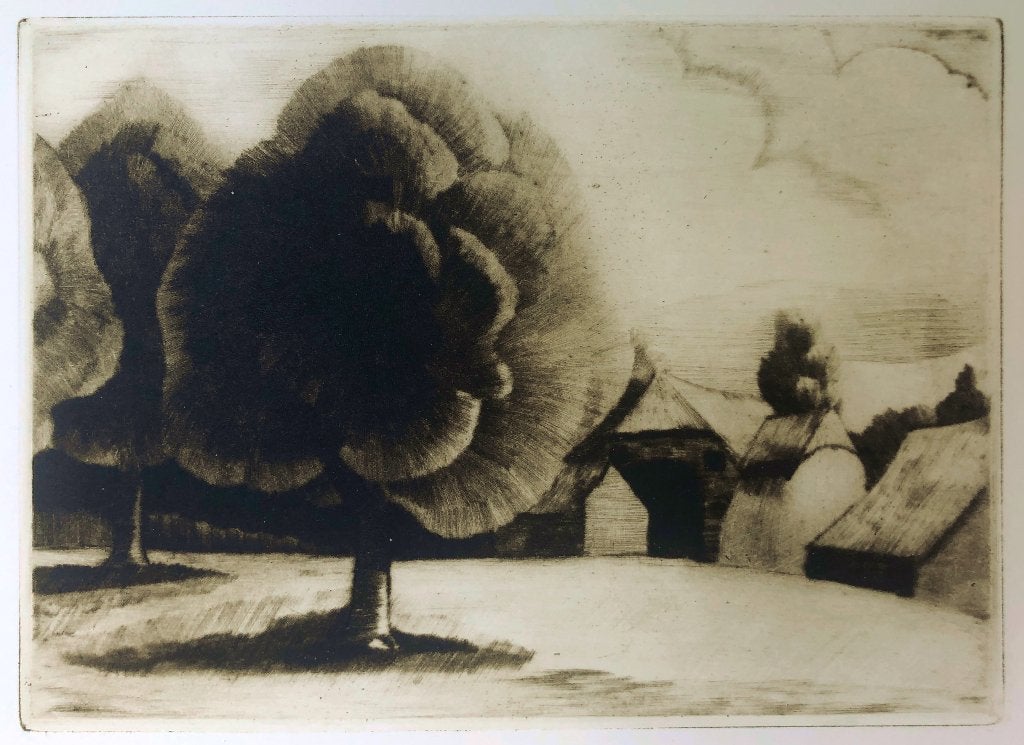 Jo Bezaan (1894-1952) Ets (droge naald) 'Boom bij schuren' ~, Ophalen of Verzenden