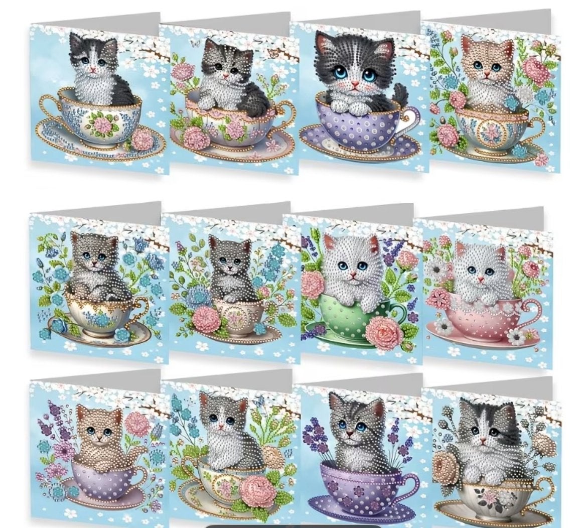 Diamond Painting Kaartenset - Schattige Katjes in Kopjes, Nieuw, Meerkleurig, Ophalen of Verzenden, Kunststof