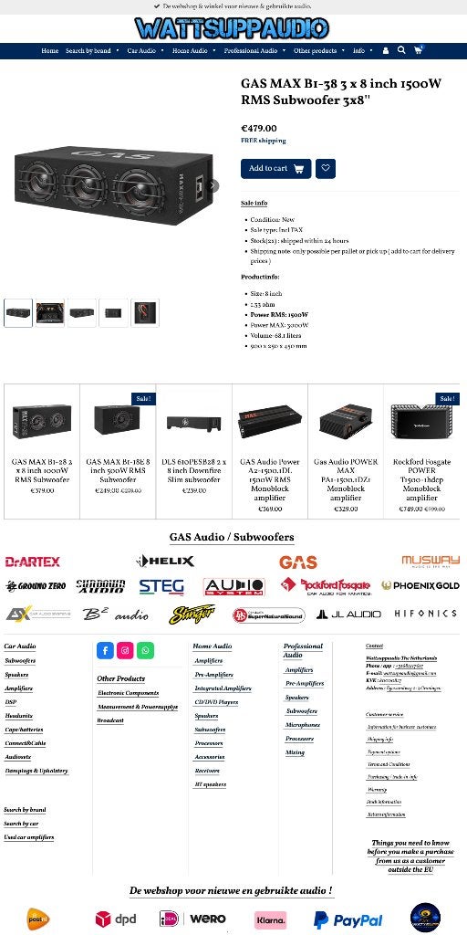 GAS MAX B1-38 3 x 8 inch 1500W RMS Subwoofer 3x8'', Auto diversen, Info@optimount.nl, Nieuw, Ophalen of Verzenden, Anholtseweg 48A 7091 HB DINXPERLO