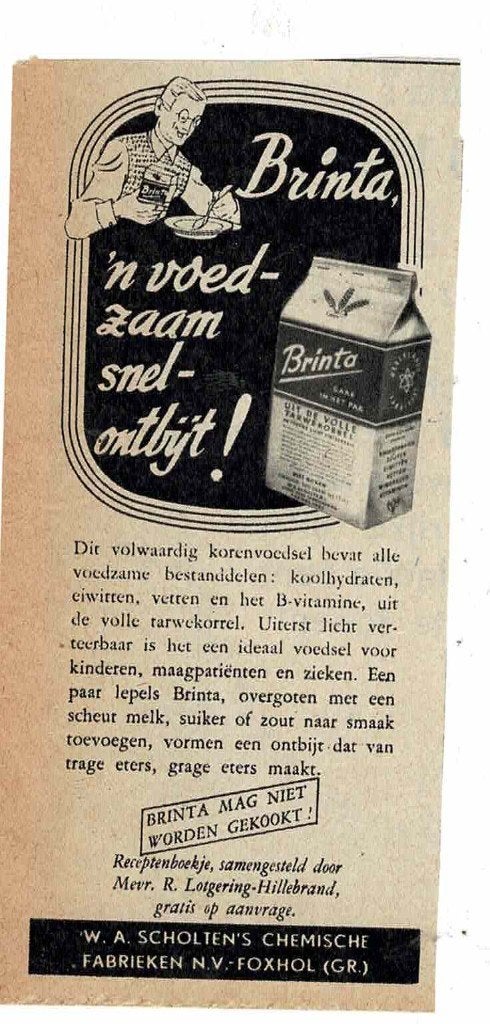 BRINTA n'voedzaam snel ontbijt! W.A.Scxholten FOXHOL 1950, Verzenden, Zo goed als nieuw, Overige typen