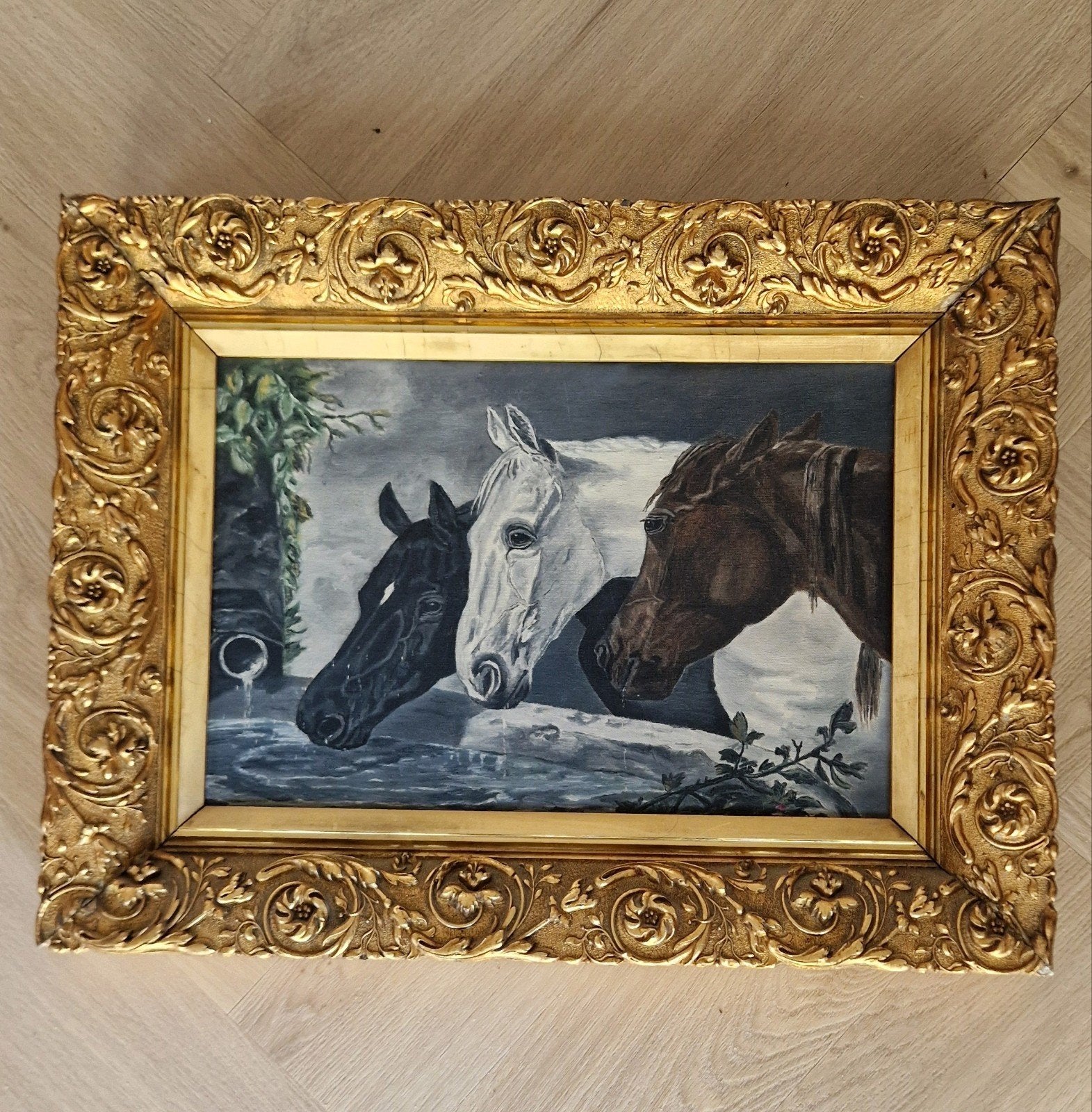 Olieverfschilderij: Drie Paarden bij Drinkbak, Antiek en Kunst, Ophalen of Verzenden