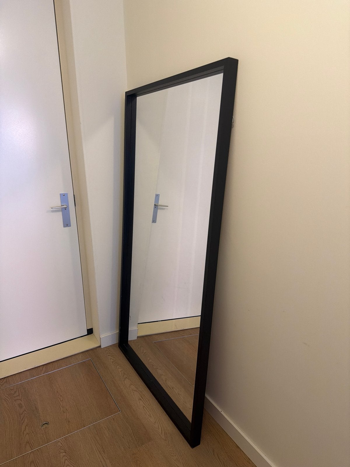 Grote staande spiegel met zwart frame, op te halen in Delft, Ophalen, Zo goed als nieuw, 150 tot 200 cm, Rechthoekig