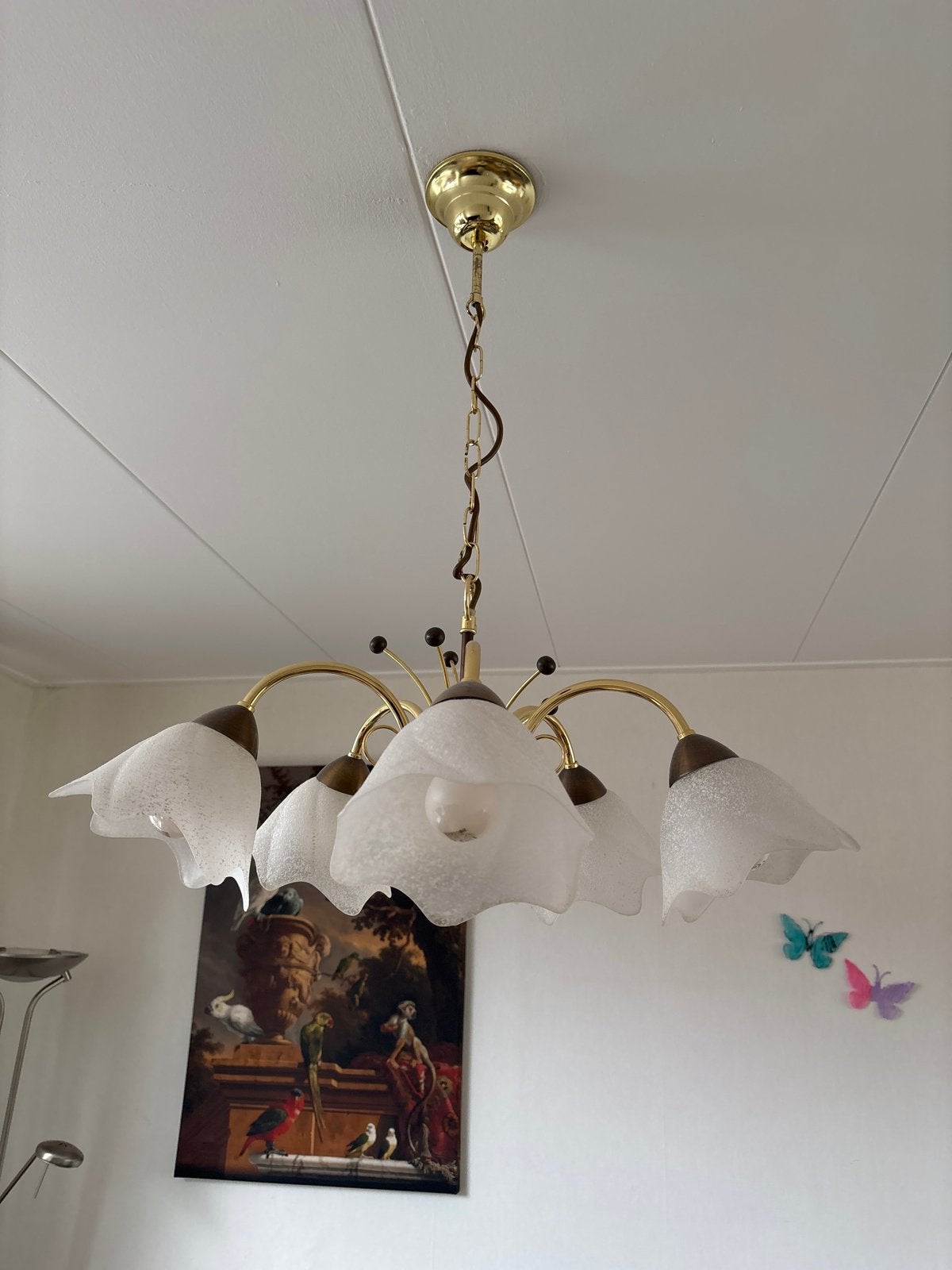 Klassieke kroonluchter met 5 glazen kappen, Ophalen of Verzenden, Gebruikt, Glas, E14 (klein)