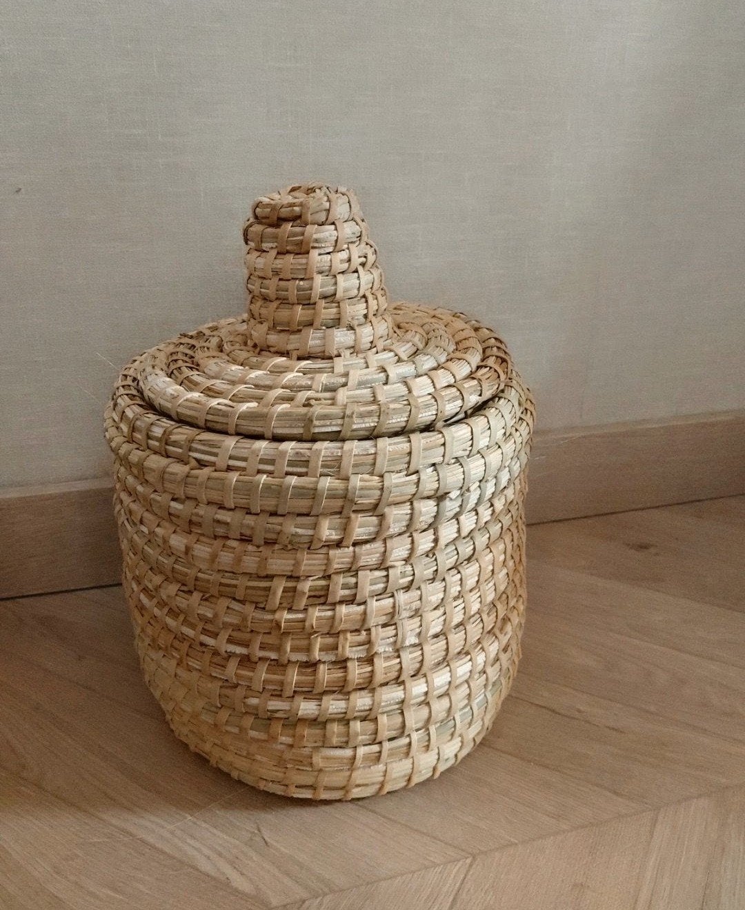 Rieten opbergmandjes met deksel - 13 cm hoog, Gebruikt, Mand, Rond, Ophalen of Verzenden