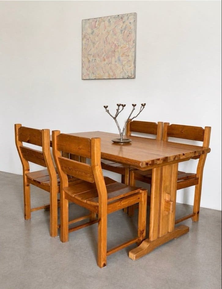 Vintage houten eettafel met 4 stoelen, Ophalen, Gebruikt, 100 tot 150 cm, 50 tot 100 cm