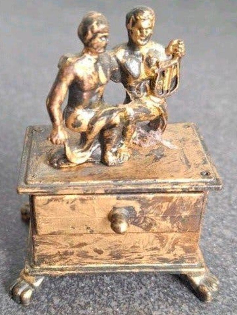 Antieke Koperen Metalen Puntenslijper met Lade, Antiek en Kunst, Ophalen of Verzenden
