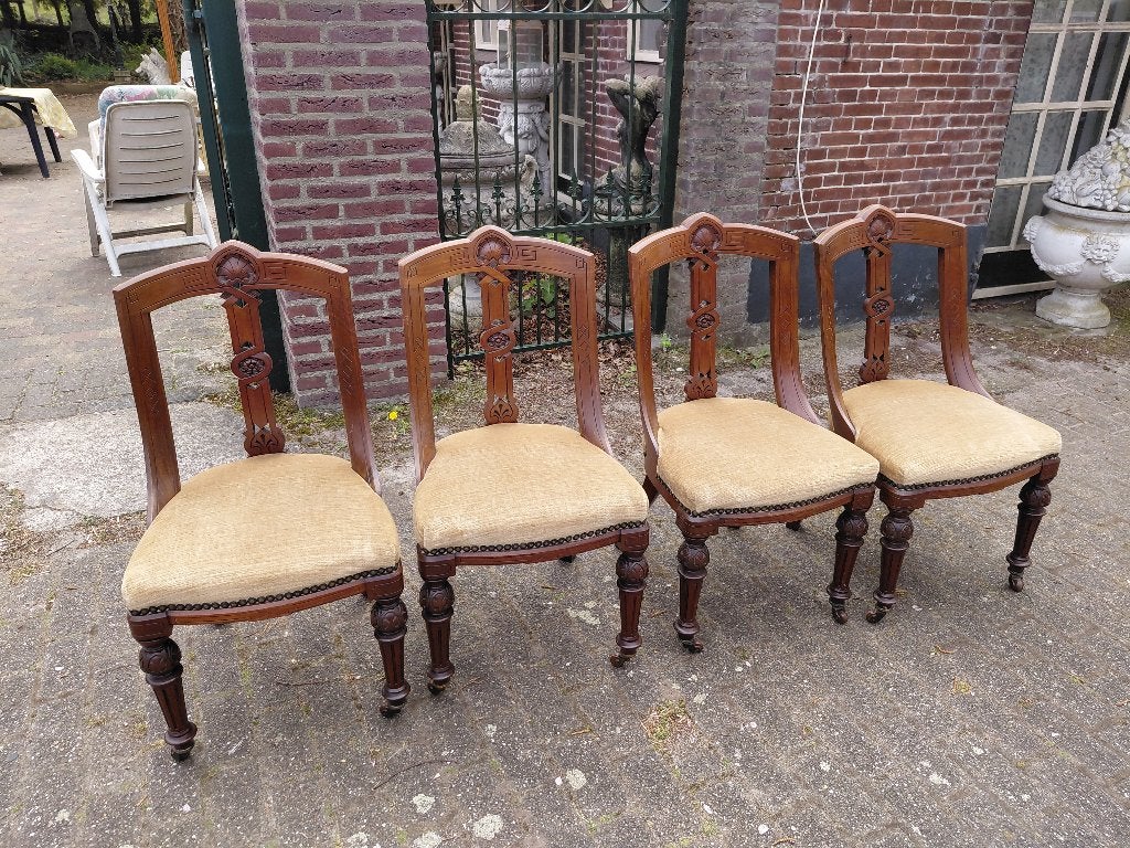 Set 4 Engelse mahonie stoelen, beige velours., Antiek en Kunst, Ophalen