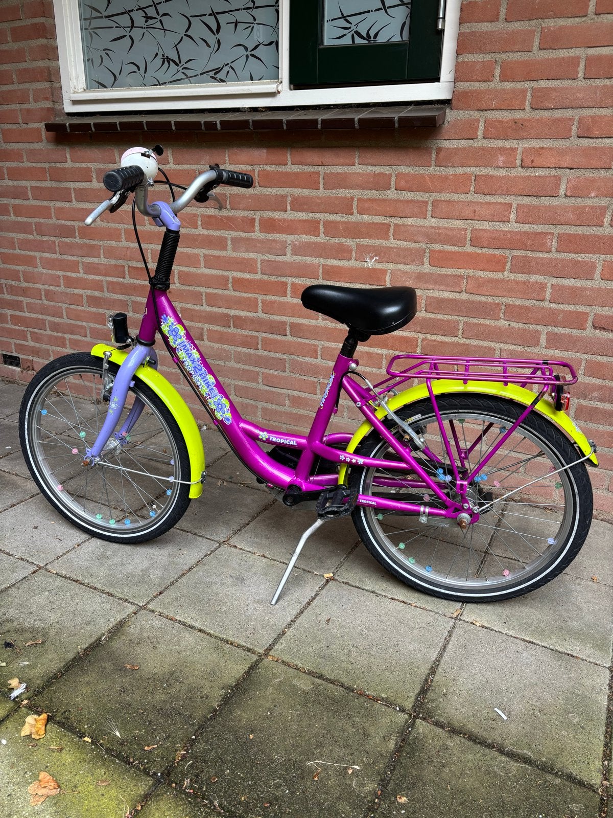 Kinderfiets 20 inch - Paars/Geel met bagagedrager, Ophalen, Gebruikt, Velgrem, 20 inch of meer