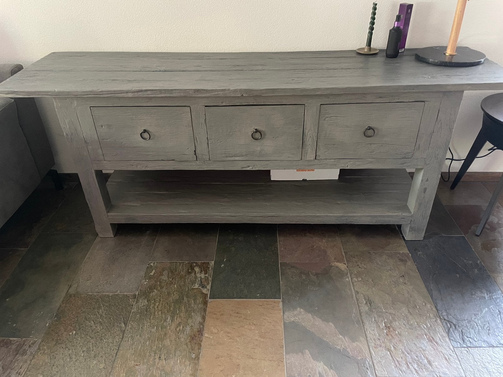 Robuuste teakhout sidetable 204 x 50 cm, Ophalen, Teakhout, Zo goed als nieuw, 200 cm of meer