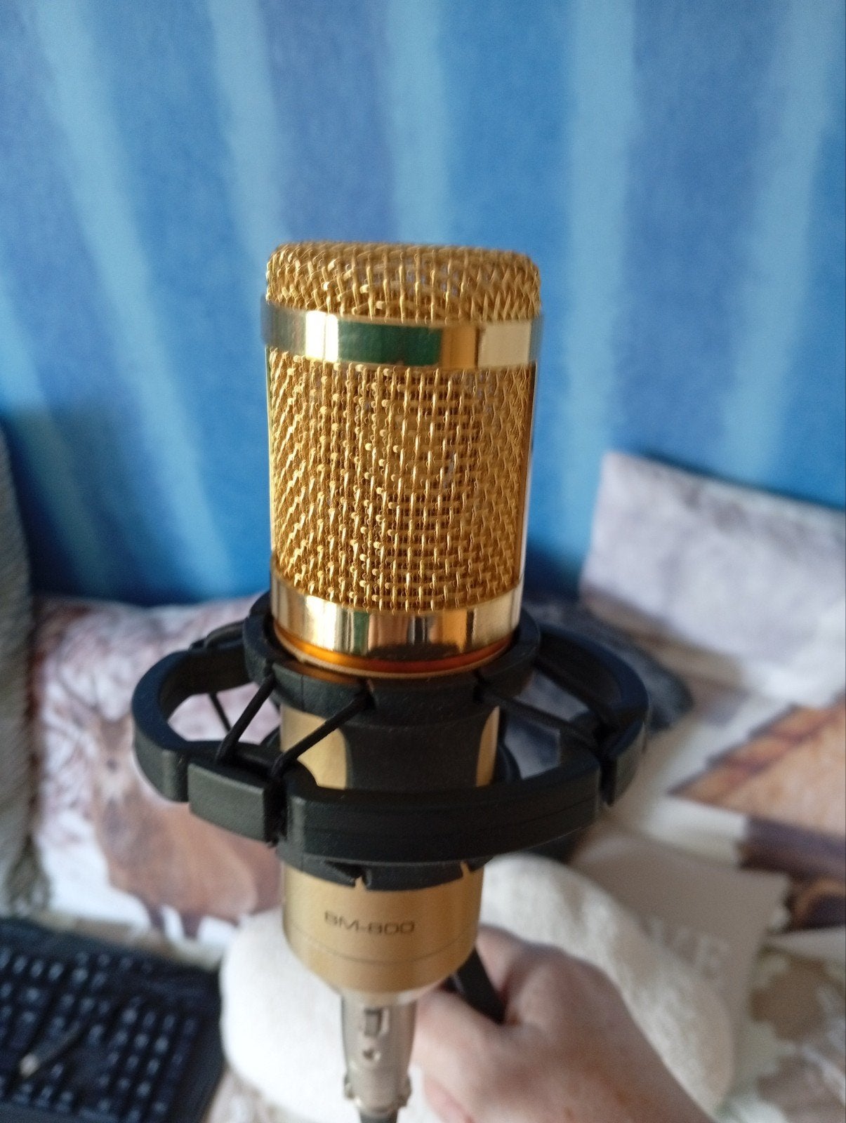 Goudkleurige condensatormicrofoon met standaard, Ophalen, Gebruikt, Studiomicrofoon