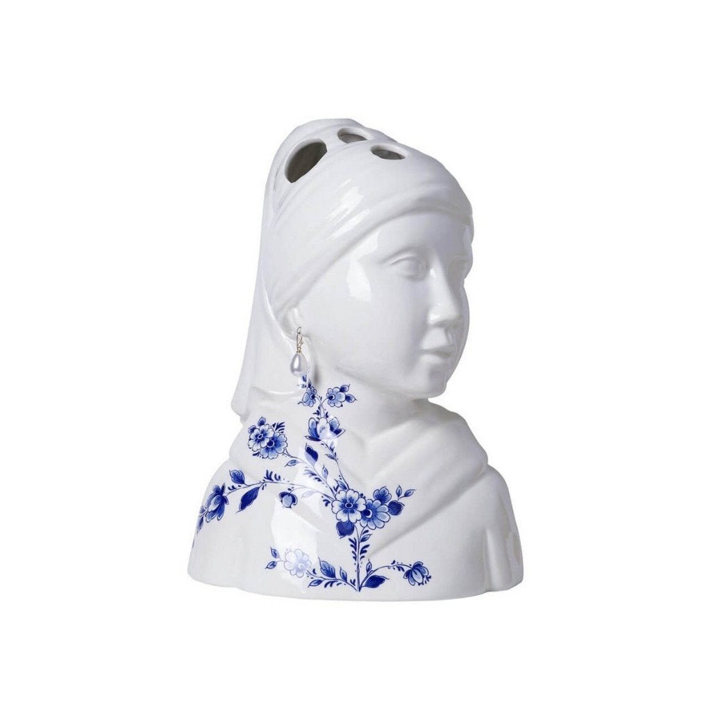 Heinen Delfts Blauw Vaas Meisje met de Parel, Met patroon/structuur, Wit, Nieuw, Ophalen of Verzenden