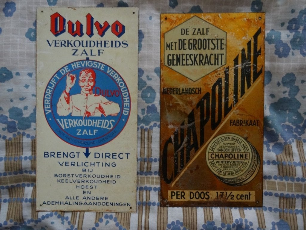 2 vooroorlogse metalen reclame bordjes deur, Ophalen, Gebruikt, Reclamebord