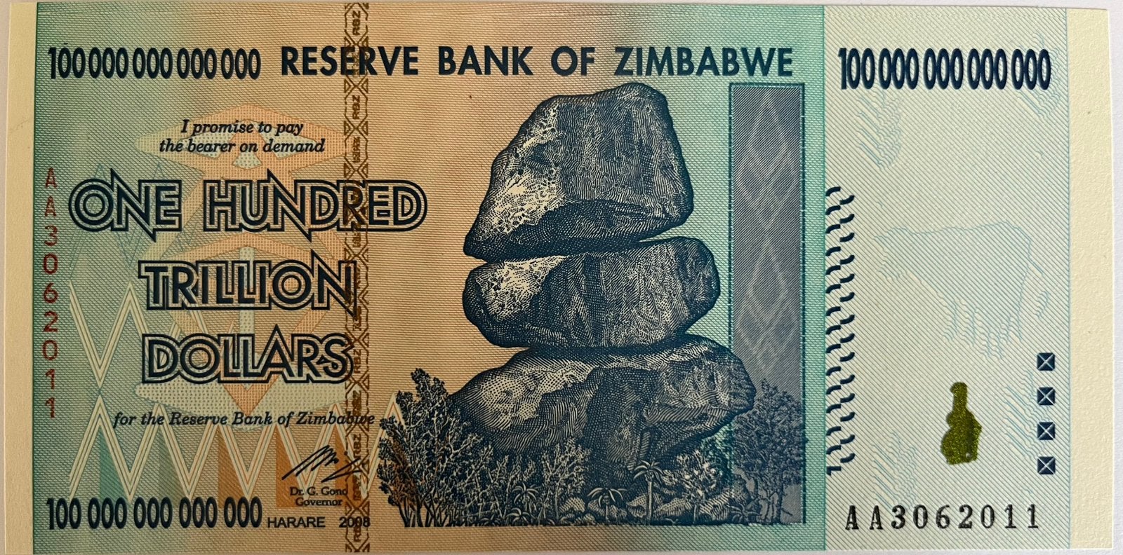 Zimbabwe 100 triljoen dollar 2008 UNC, Postzegels en Munten, Bankbiljetten | Afrika, Ophalen of Verzenden, Zimbabwe