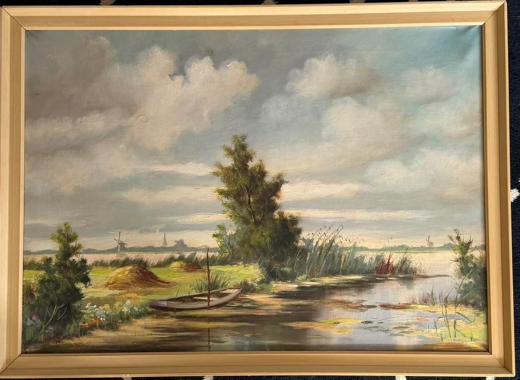 Rivierlandschap met roeiboot, Antiek en Kunst, Ophalen of Verzenden