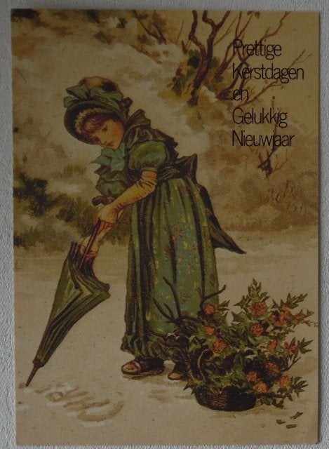 Oude Kerstkaart met vrouw met paraplu uit 1984., Verzamelen, Ophalen of Verzenden, 1980 tot heden, Gelopen, Feest(dag)