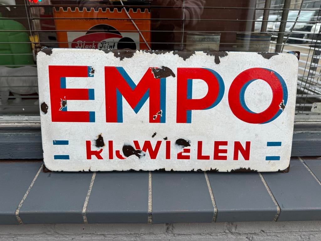 Empo Rijwielen reclamebord emaille, Verzamelen, Ophalen, Gebruikt, Reclamebord