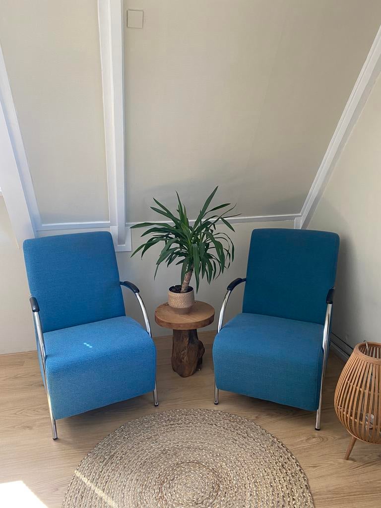 2 blauw/groene stoelen, Ophalen of Verzenden, Zo goed als nieuw, 75 tot 100 cm, 50 tot 75 cm