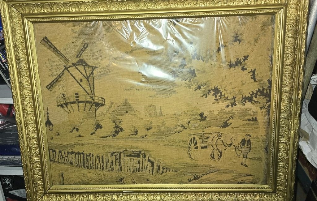 Vintage schilderij met molen en landschap in lijst, Ophalen, Landschap, Klassiek, Ingelijst