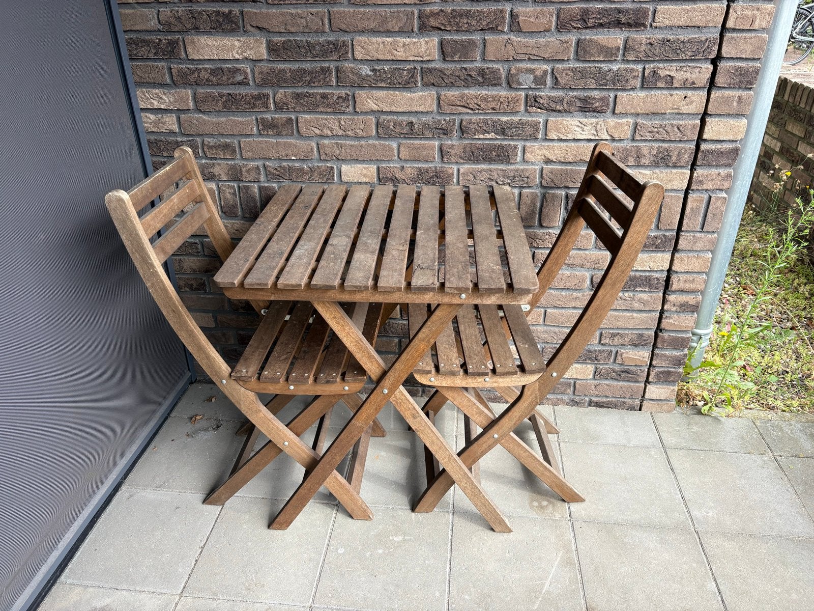 Houten bistro set - tuinset met 2 stoelen en tafel, Gebruikt, Eettafel, Tuinset, Hout
