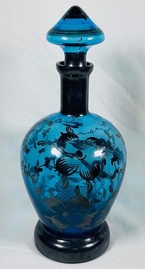 Antiek design kobalt blauwe glazen karaf zilveren decor, Ophalen of Verzenden