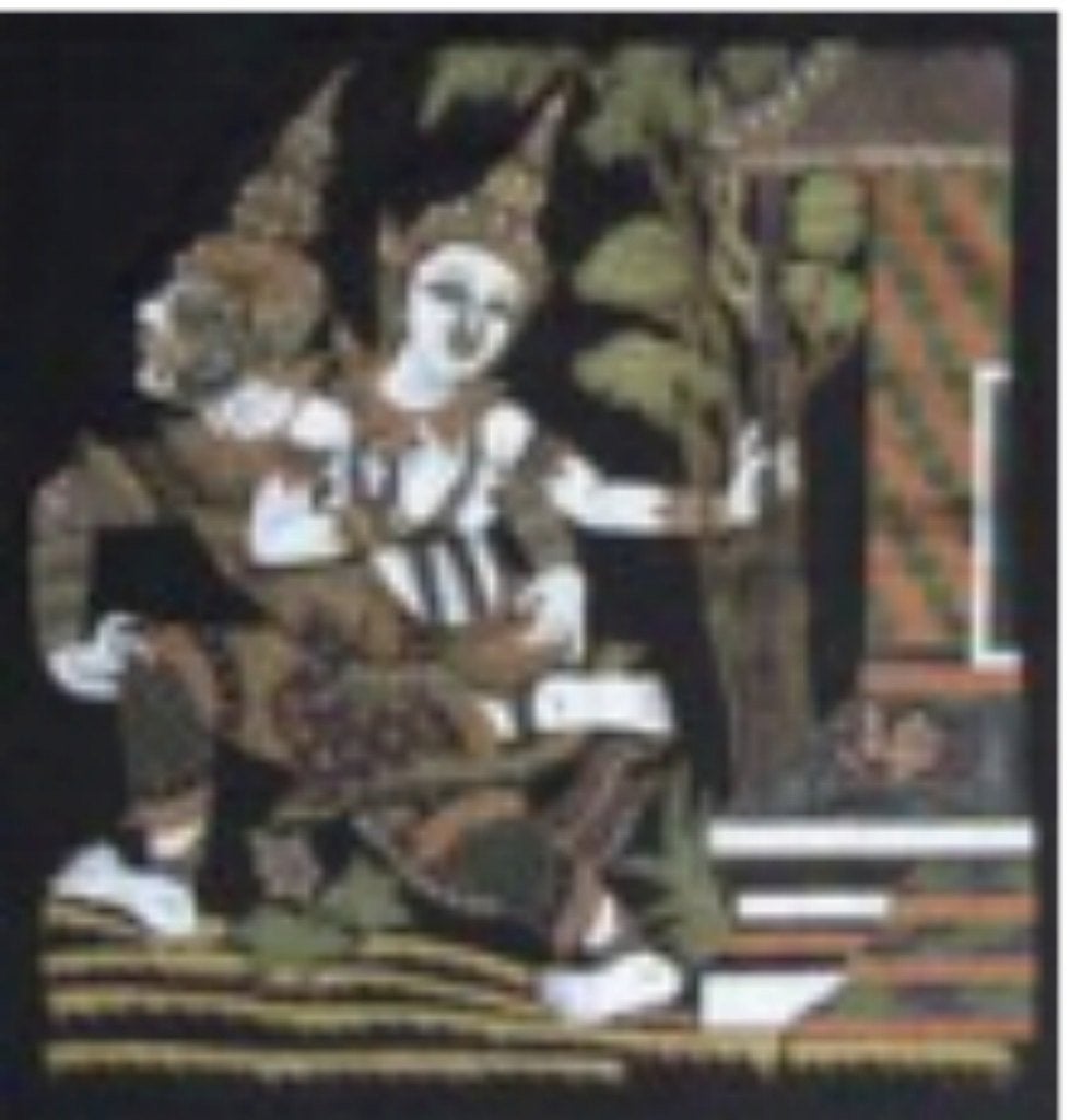 Gebatikte doek met afbeelding van een wajang wong opvoering., Antiek en Kunst, Wanddecoratie, Ophalen of Verzenden, Meerkleurig
