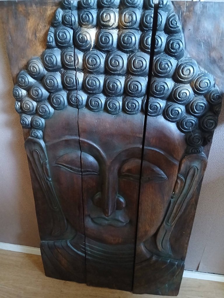Houten Boeddhahoofd wanddecoratie – 87 cm, Boho, Hout, Ophalen of Verzenden, Zo goed als nieuw