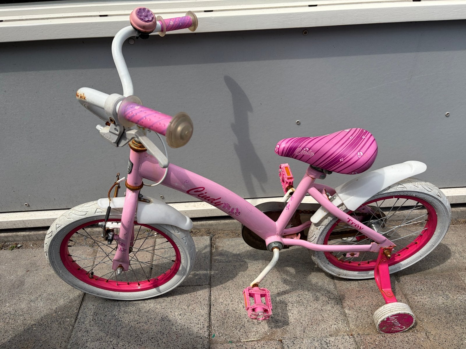 Roze Meidenfiets met zijwieltjes - Troy Cindy, Ophalen, Terugtraprem, Zijwieltjes, 16 tot 20 inch