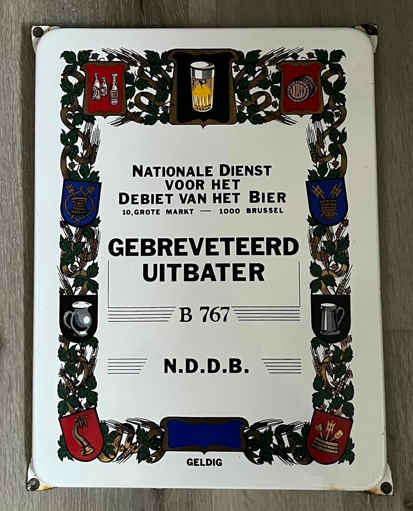 Emaille Bord Gebreveteerd Uitbater Belgisch Bord, Ophalen of Verzenden, Gebruikt, Reclamebord