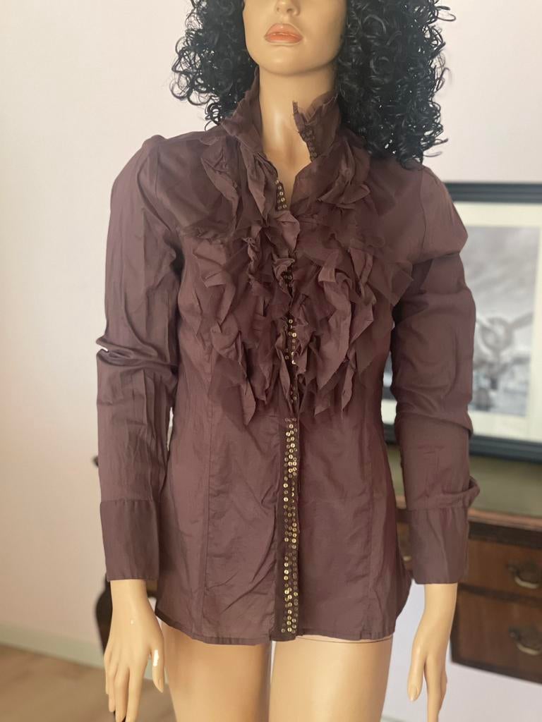 Zoi Women top blouse 38 100%katoen kant pailletten ruches, Ophalen of Verzenden, Zo goed als nieuw, Maat 38/40 (M), Bruin