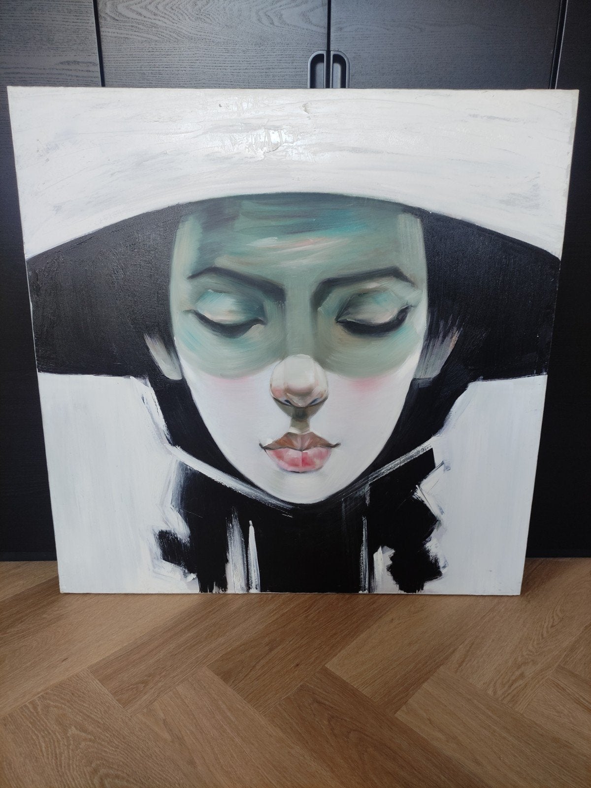 Modern Portret Schilderij: Vrouw met Hoed, Ophalen, Acrylverf, Handgeschilderd, Overige materialen