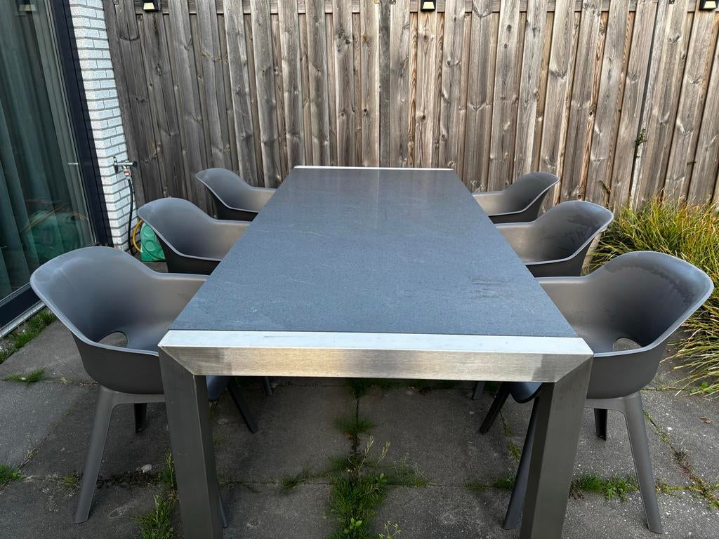 Tafel natuursteen basalt 220 x 100 RVS onderstel + 6 stoelen, Ophalen, Gebruikt, Rechthoekig, Rvs