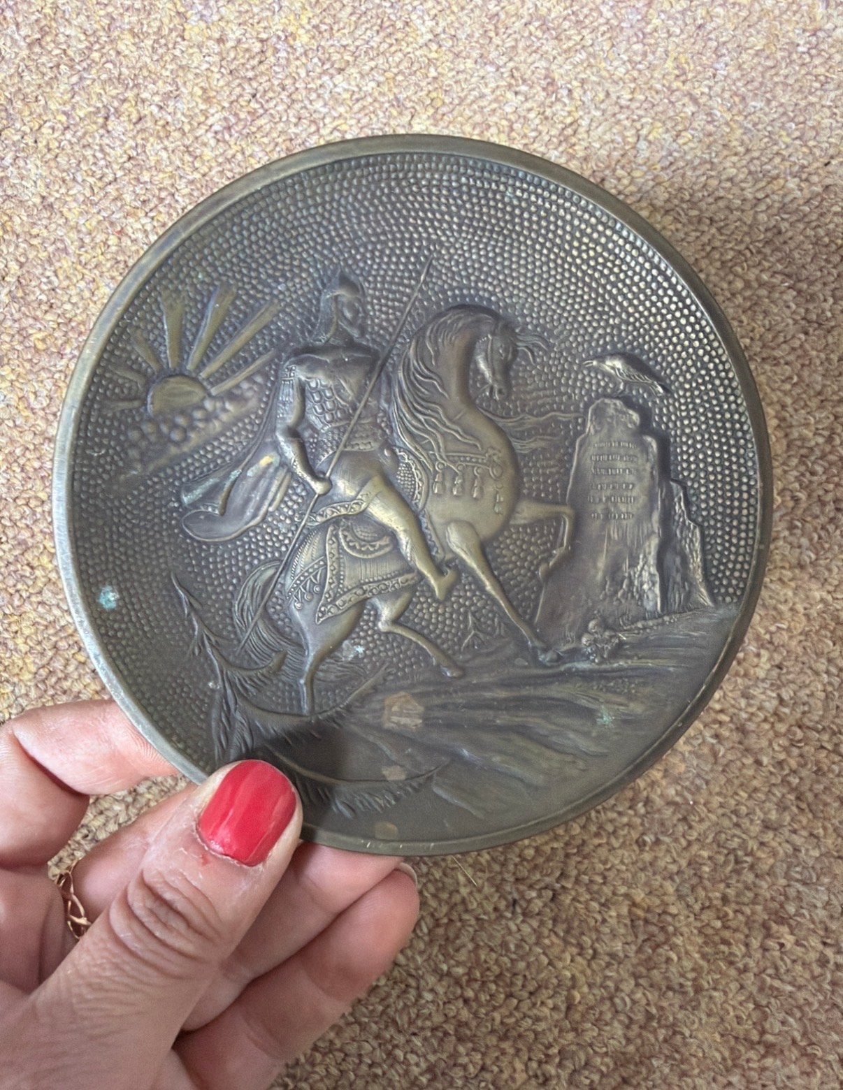 Vintage Bronzen Plaat met Ruiter en Landschap, Ophalen of Verzenden