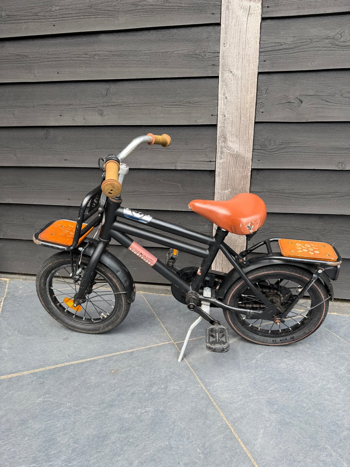 Jongensfiets Supersuper cooper 14 inch, mat zwart, zijwiel., Ophalen, Terugtraprem, Gebruikt, 14 inch of minder