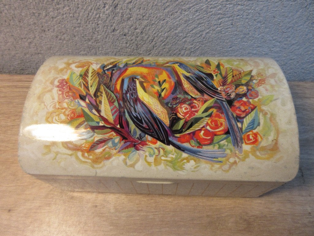 Vintage blik met gekleurde vogels en bloemen, Verzamelen, Ophalen of Verzenden, Gebruikt, Overige