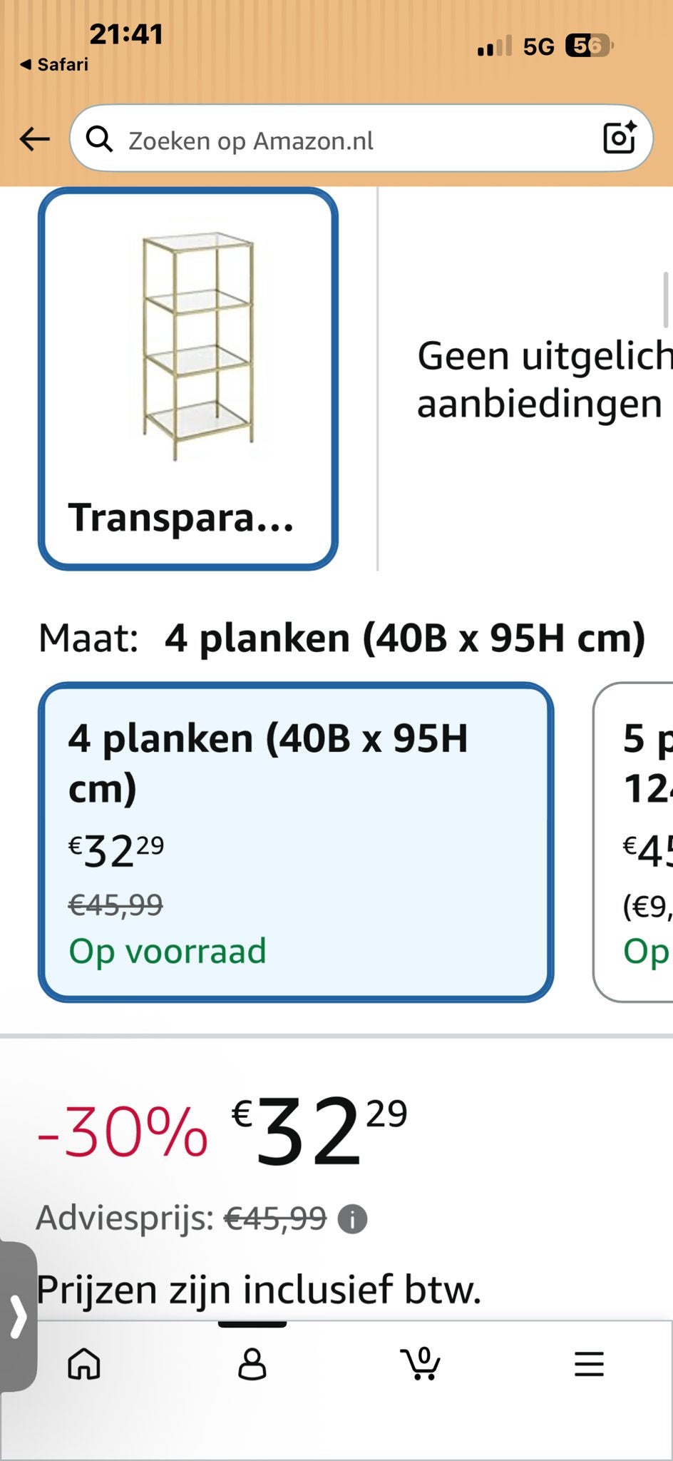 Gouden Boekenkast met Glazen Planken (40B x 95H cm), Ophalen, Zo goed als nieuw