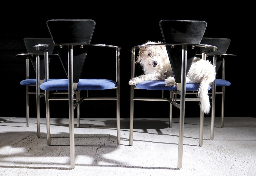 Belgo Chrom stoelen Memphis style - set van 4, Huis en Inrichting, Ophalen, Gebruikt, Blauw, Memphis Design, Vintage, Jaren 70