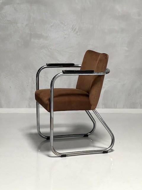 Jaren 30 armstoel vintage sledestoel buisframe bauhaus stoel, Gebruikt, Bauhaus, Bruin, Ophalen of Verzenden