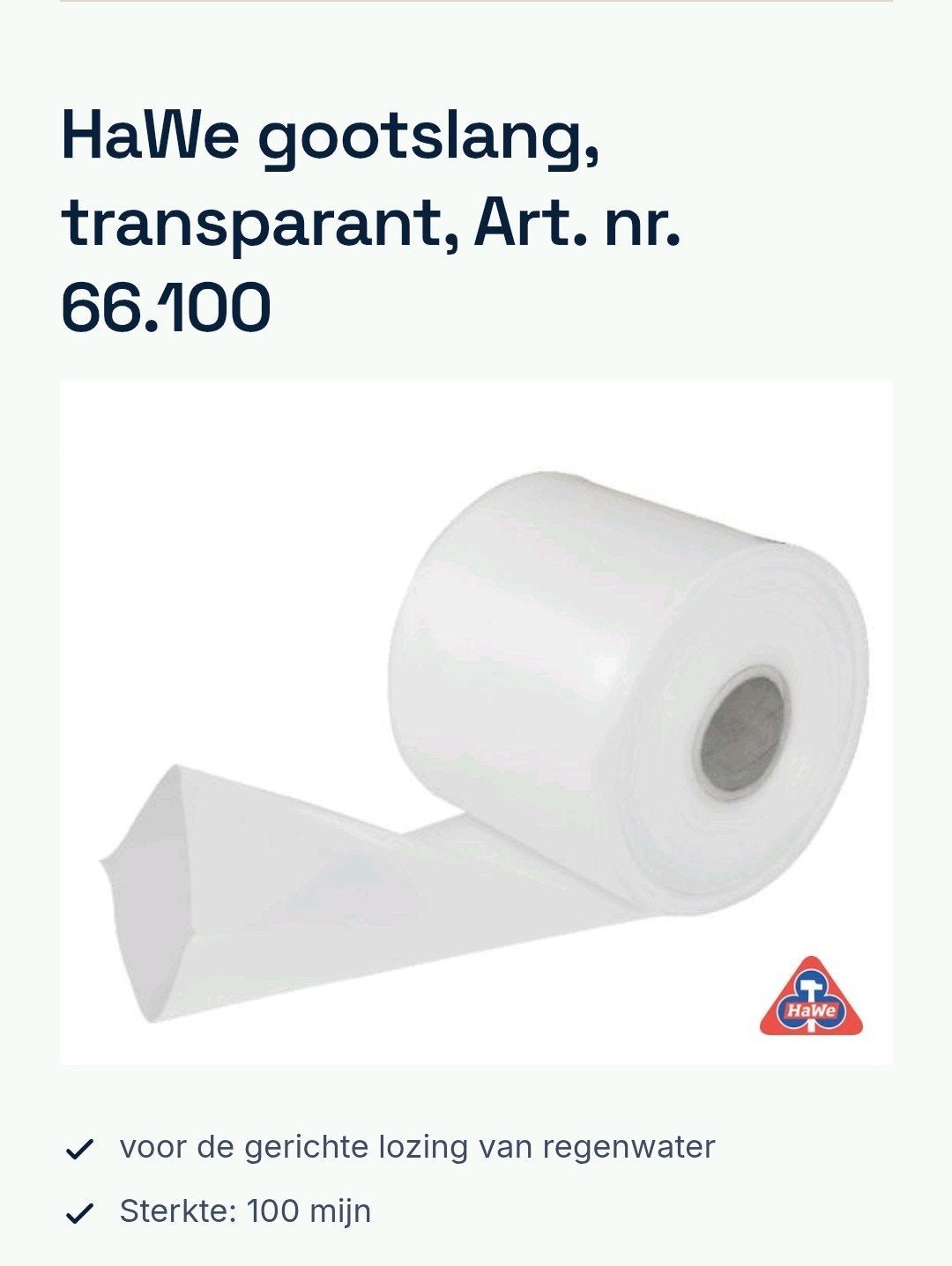 HaWe Gootslang Transparant 100m - Regenwaterafvoer, 6 meter of meer, Nieuw, Ophalen of Verzenden, 80 mm of meer