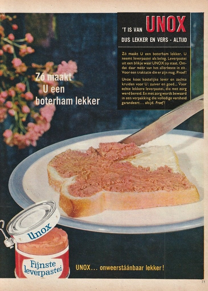 retro reclame 1960 Unox leverpastei lekker op boterham, Verzamelen, Verzenden, Overige typen