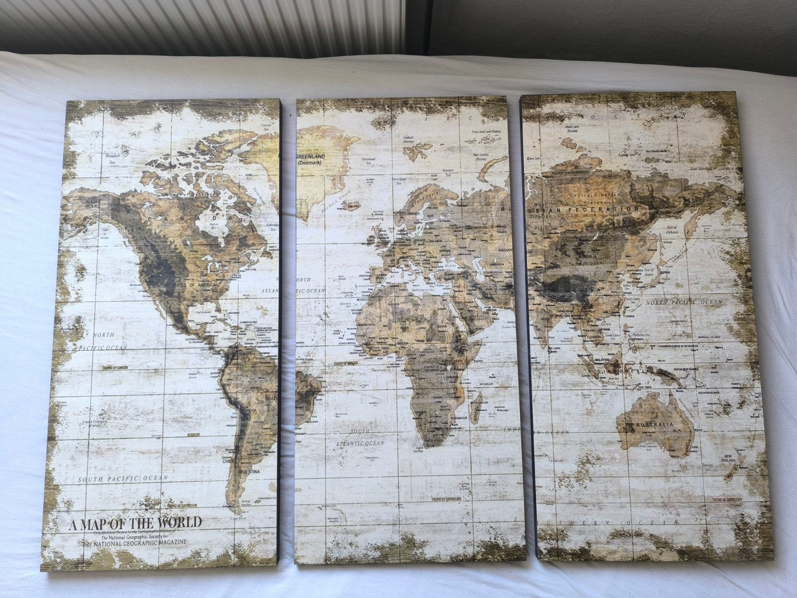 Vintage Wereldkaart Wandpanelen - Map of the world, Huis en Inrichting, Ophalen of Verzenden, Zo goed als nieuw, Schilderij