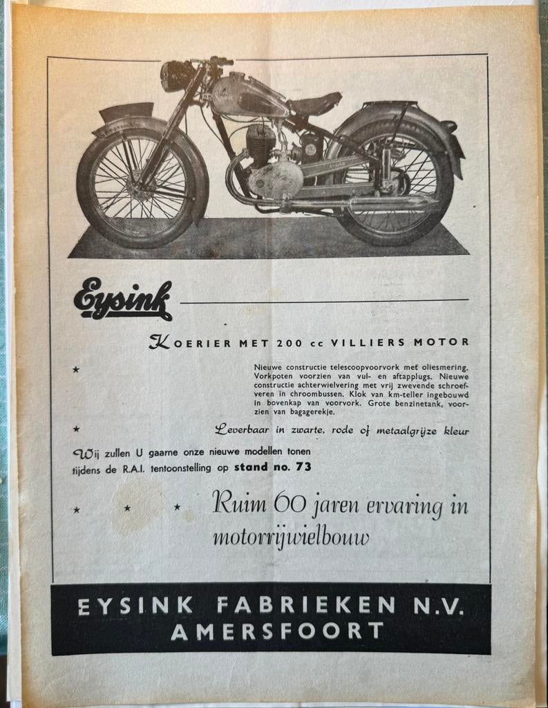 Advertentie Eysink Koerier met 200 cc Villiers motor, Verzamelen, Verzenden, Zo goed als nieuw, Motoren