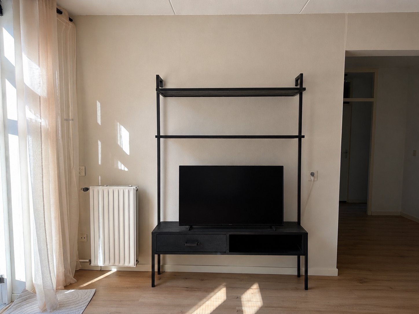Zwart wandrek met tv-meubel en opbergkast zwart mangohout, Ophalen, Gebruikt, 200 cm of meer, 150 tot 200 cm