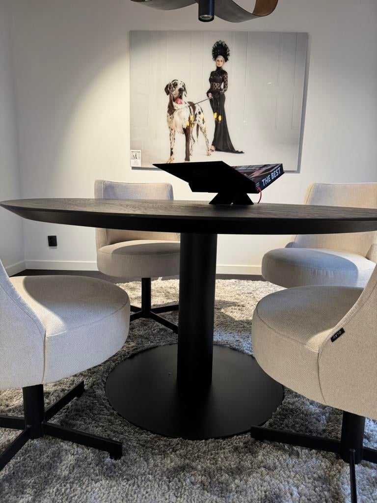 Luxe Ronde massief eikenhouten zwarte tafel 150 rond, Ophalen, Zo goed als nieuw, Rond, 100 tot 150 cm