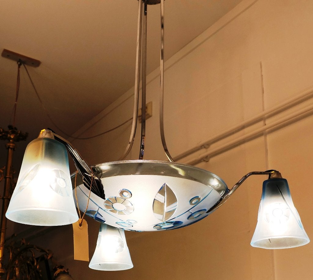 Een helder blauwe art déco lamp ca 1930 ., Ophalen