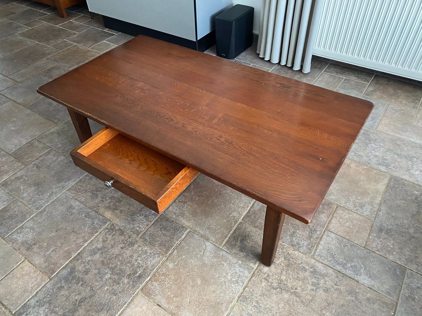 Salontafel + hoektafel, eiken kersenkleur, Ophalen, Gebruikt, 100 tot 150 cm, Eikenhout