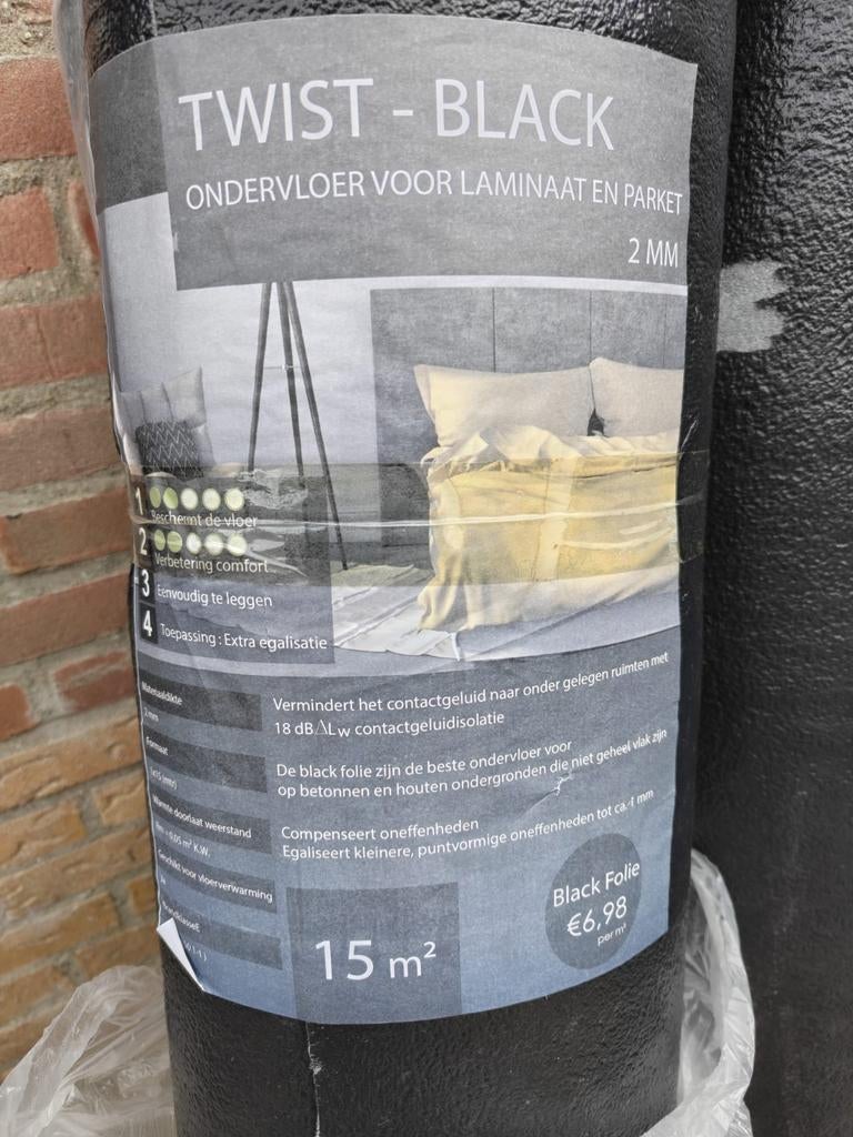 4,5 rol Twist Black ondervloer laminaat 2mm, 15m² per rol, Kunststof, Overige typen, Nieuw, 10 m² of meer