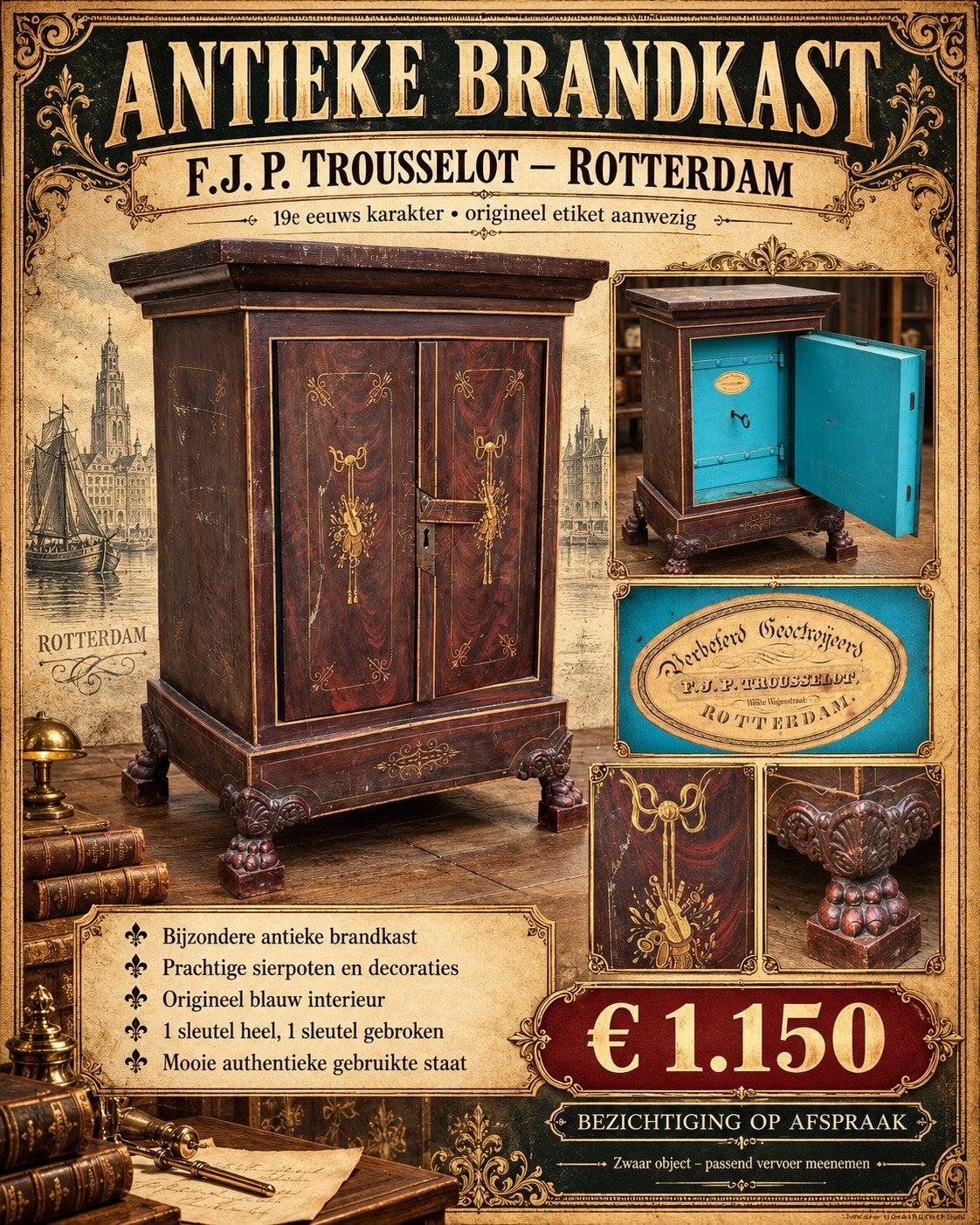 Antieke Brandkast F.J.P. Trousselot Rotterdam 19e Eeuw, Ophalen