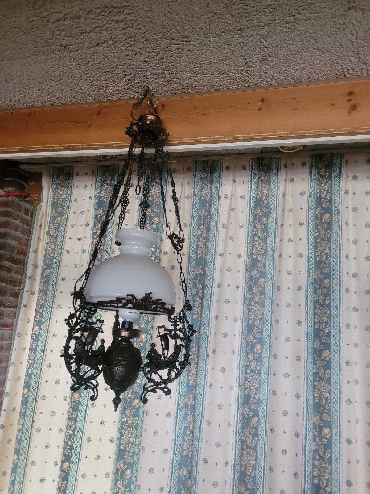 Antieke hanglamp, Huis en Inrichting, Lampen | Kroonluchters, Ophalen, Zo goed als nieuw, Glas, E14 (klein)