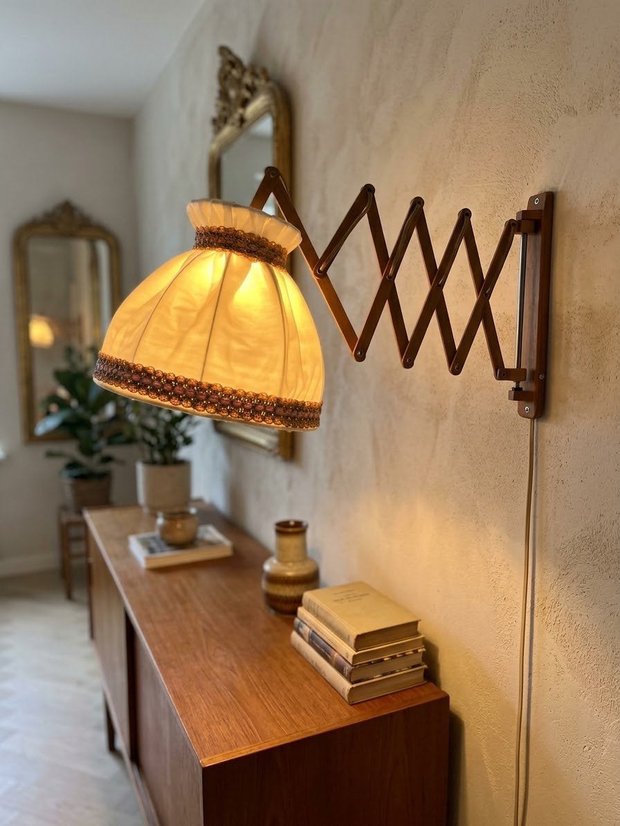 Prachtige vintage houten schaarlamp harmonicalamp retro kap, Huis en Inrichting, Ophalen of Verzenden
