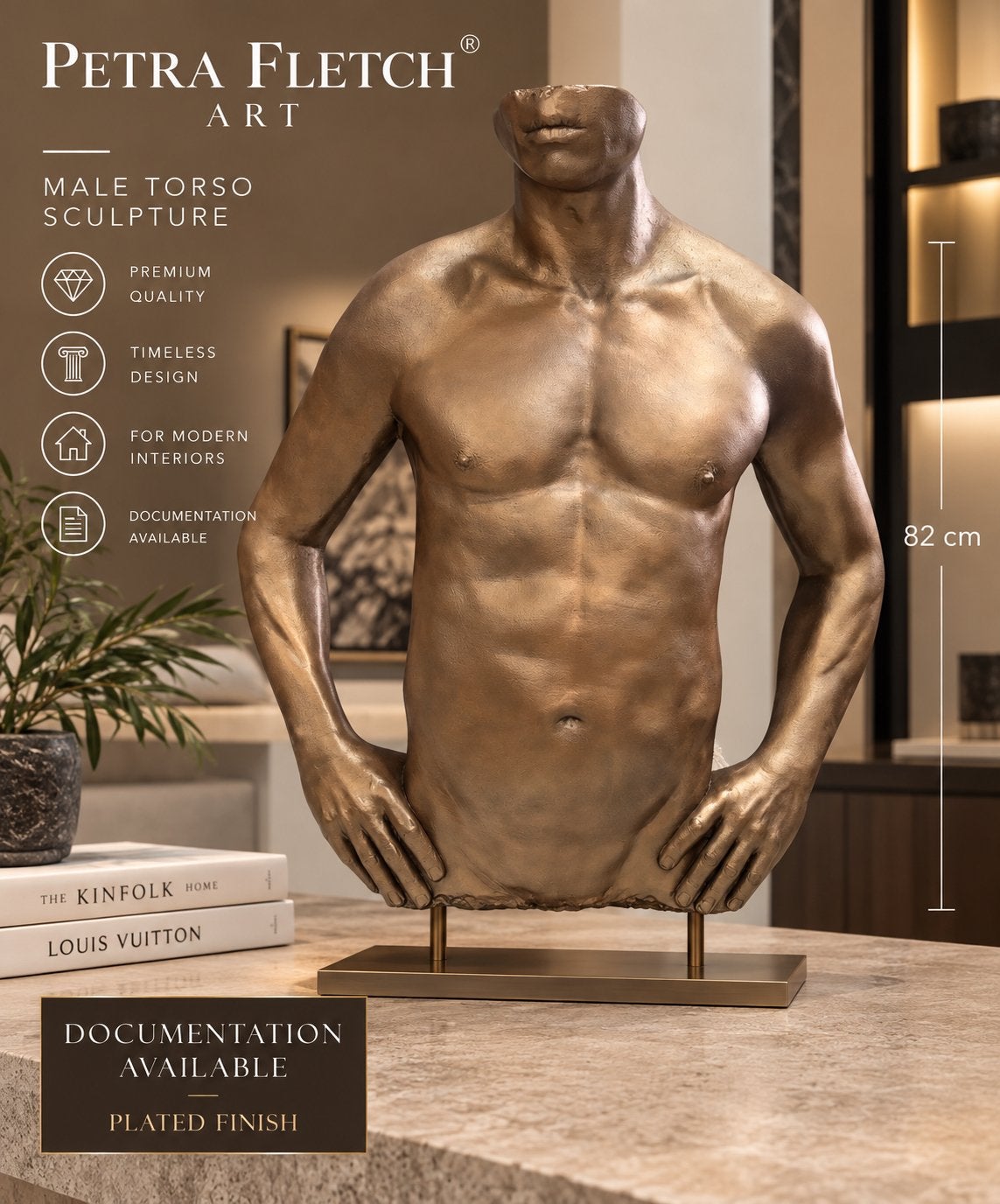 Bronzen beeld van een mannelijk torso door Petra Fletch, Beeld, Goud, Modern, Man